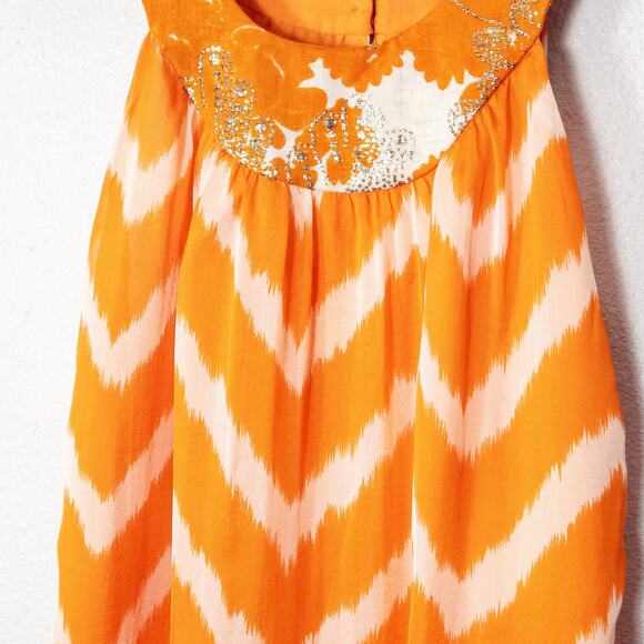 Milly Women’s Top Orange Chevron Sheer Beaded Neckline Lined Sleeveless Size 4 - Picture 4 of 10